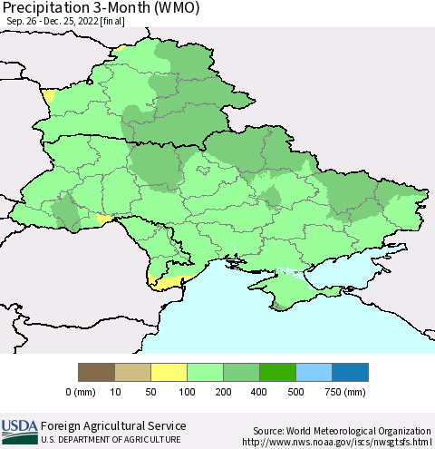 Ukraine, Moldova and Belarus Precipitation 3-Month (WMO) Thematic Map For 9/26/2022 - 12/25/2022