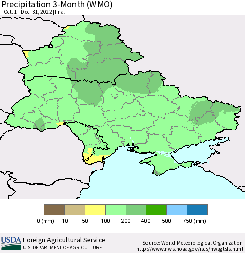 Ukraine, Moldova and Belarus Precipitation 3-Month (WMO) Thematic Map For 10/1/2022 - 12/31/2022