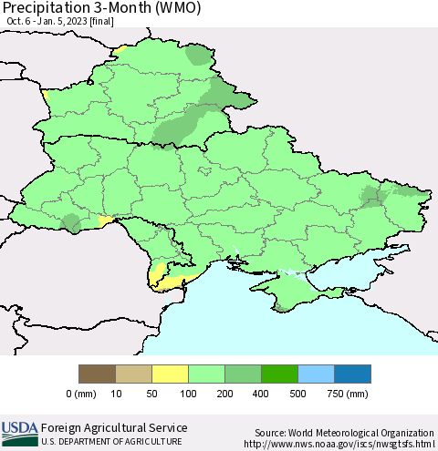 Ukraine, Moldova and Belarus Precipitation 3-Month (WMO) Thematic Map For 10/6/2022 - 1/5/2023
