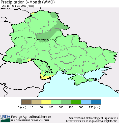 Ukraine, Moldova and Belarus Precipitation 3-Month (WMO) Thematic Map For 10/16/2022 - 1/15/2023