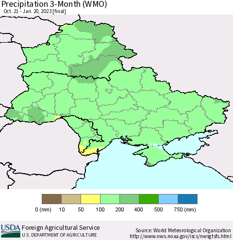 Ukraine, Moldova and Belarus Precipitation 3-Month (WMO) Thematic Map For 10/21/2022 - 1/20/2023