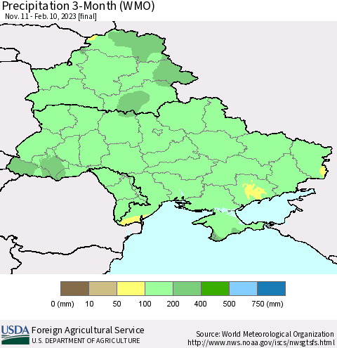 Ukraine, Moldova and Belarus Precipitation 3-Month (WMO) Thematic Map For 11/11/2022 - 2/10/2023