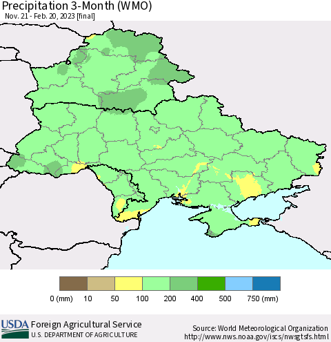 Ukraine, Moldova and Belarus Precipitation 3-Month (WMO) Thematic Map For 11/21/2022 - 2/20/2023