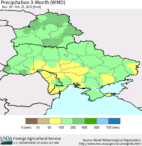 Ukraine, Moldova and Belarus Precipitation 3-Month (WMO) Thematic Map For 11/26/2022 - 2/25/2023