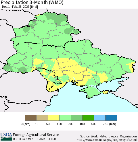Ukraine, Moldova and Belarus Precipitation 3-Month (WMO) Thematic Map For 12/1/2022 - 2/28/2023
