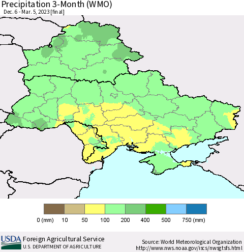 Ukraine, Moldova and Belarus Precipitation 3-Month (WMO) Thematic Map For 12/6/2022 - 3/5/2023