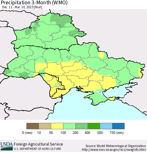 Ukraine, Moldova and Belarus Precipitation 3-Month (WMO) Thematic Map For 12/11/2022 - 3/10/2023