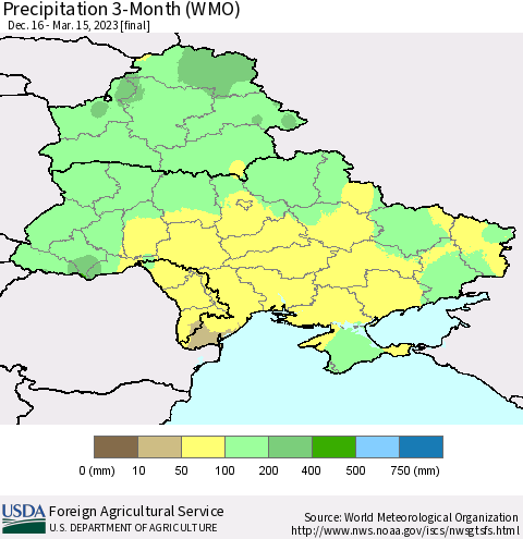 Ukraine, Moldova and Belarus Precipitation 3-Month (WMO) Thematic Map For 12/16/2022 - 3/15/2023
