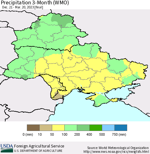 Ukraine, Moldova and Belarus Precipitation 3-Month (WMO) Thematic Map For 12/21/2022 - 3/20/2023
