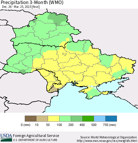 Ukraine, Moldova and Belarus Precipitation 3-Month (WMO) Thematic Map For 12/26/2022 - 3/25/2023