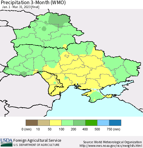 Ukraine, Moldova and Belarus Precipitation 3-Month (WMO) Thematic Map For 1/1/2023 - 3/31/2023