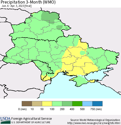 Ukraine, Moldova and Belarus Precipitation 3-Month (WMO) Thematic Map For 1/6/2023 - 4/5/2023