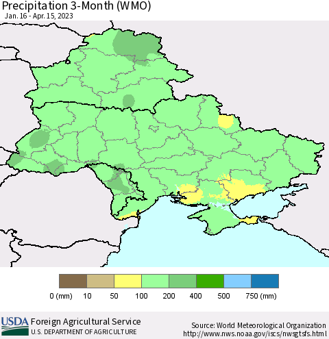Ukraine, Moldova and Belarus Precipitation 3-Month (WMO) Thematic Map For 1/16/2023 - 4/15/2023