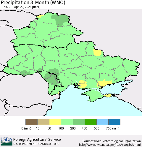 Ukraine, Moldova and Belarus Precipitation 3-Month (WMO) Thematic Map For 1/21/2023 - 4/20/2023