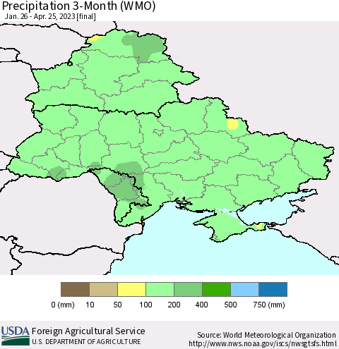 Ukraine, Moldova and Belarus Precipitation 3-Month (WMO) Thematic Map For 1/26/2023 - 4/25/2023