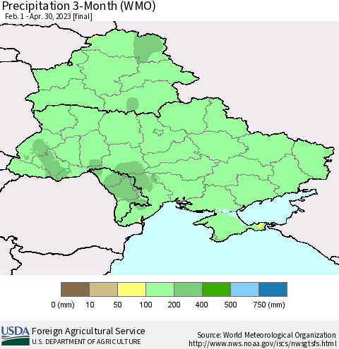 Ukraine, Moldova and Belarus Precipitation 3-Month (WMO) Thematic Map For 2/1/2023 - 4/30/2023