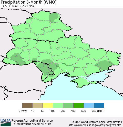 Ukraine, Moldova and Belarus Precipitation 3-Month (WMO) Thematic Map For 2/11/2023 - 5/10/2023