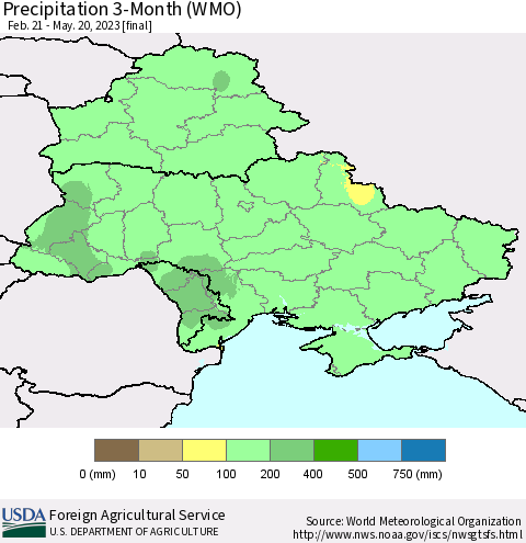 Ukraine, Moldova and Belarus Precipitation 3-Month (WMO) Thematic Map For 2/21/2023 - 5/20/2023