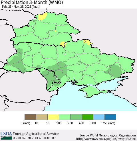 Ukraine, Moldova and Belarus Precipitation 3-Month (WMO) Thematic Map For 2/26/2023 - 5/25/2023
