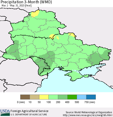 Ukraine, Moldova and Belarus Precipitation 3-Month (WMO) Thematic Map For 3/1/2023 - 5/31/2023