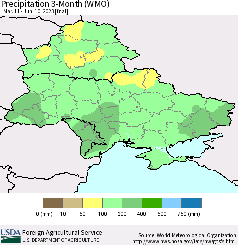 Ukraine, Moldova and Belarus Precipitation 3-Month (WMO) Thematic Map For 3/11/2023 - 6/10/2023