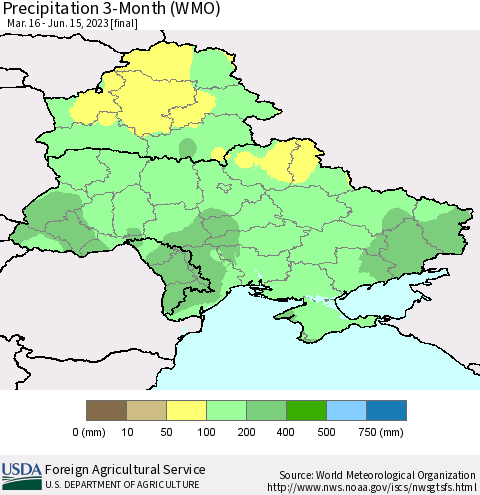 Ukraine, Moldova and Belarus Precipitation 3-Month (WMO) Thematic Map For 3/16/2023 - 6/15/2023
