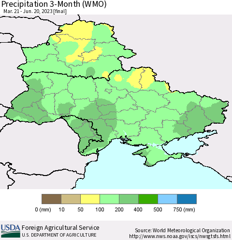 Ukraine, Moldova and Belarus Precipitation 3-Month (WMO) Thematic Map For 3/21/2023 - 6/20/2023