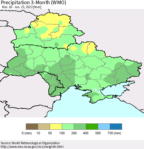 Ukraine, Moldova and Belarus Precipitation 3-Month (WMO) Thematic Map For 3/26/2023 - 6/25/2023