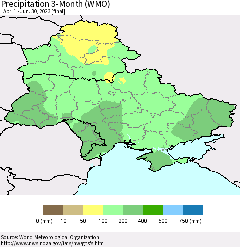 Ukraine, Moldova and Belarus Precipitation 3-Month (WMO) Thematic Map For 4/1/2023 - 6/30/2023