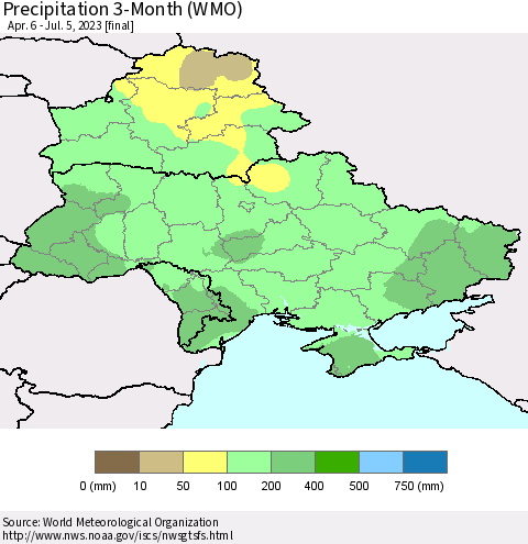 Ukraine, Moldova and Belarus Precipitation 3-Month (WMO) Thematic Map For 4/6/2023 - 7/5/2023