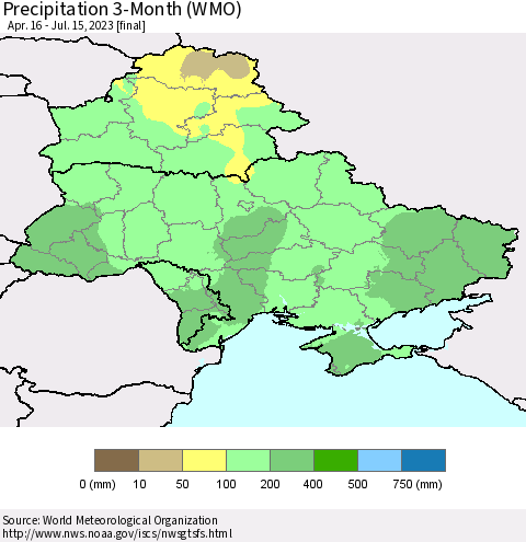 Ukraine, Moldova and Belarus Precipitation 3-Month (WMO) Thematic Map For 4/16/2023 - 7/15/2023