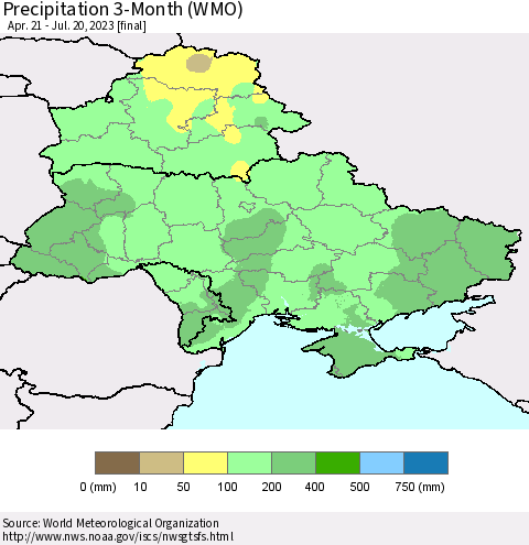 Ukraine, Moldova and Belarus Precipitation 3-Month (WMO) Thematic Map For 4/21/2023 - 7/20/2023