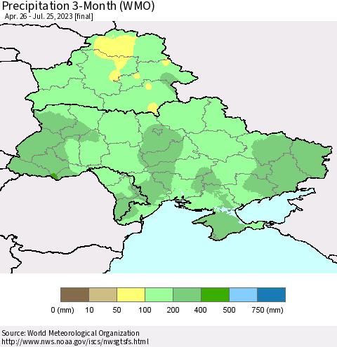 Ukraine, Moldova and Belarus Precipitation 3-Month (WMO) Thematic Map For 4/26/2023 - 7/25/2023