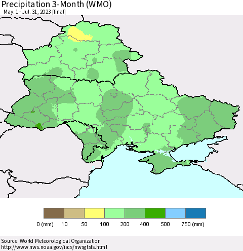 Ukraine, Moldova and Belarus Precipitation 3-Month (WMO) Thematic Map For 5/1/2023 - 7/31/2023