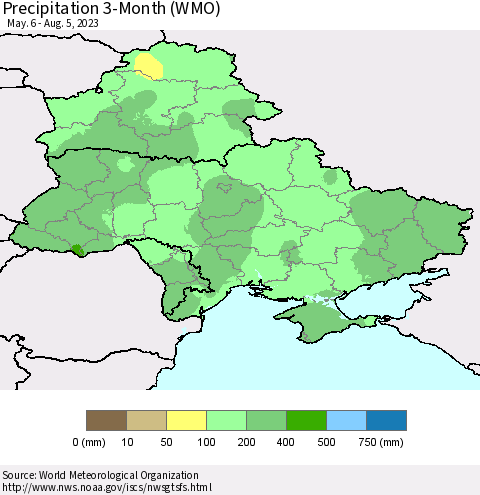 Ukraine, Moldova and Belarus Precipitation 3-Month (WMO) Thematic Map For 5/6/2023 - 8/5/2023