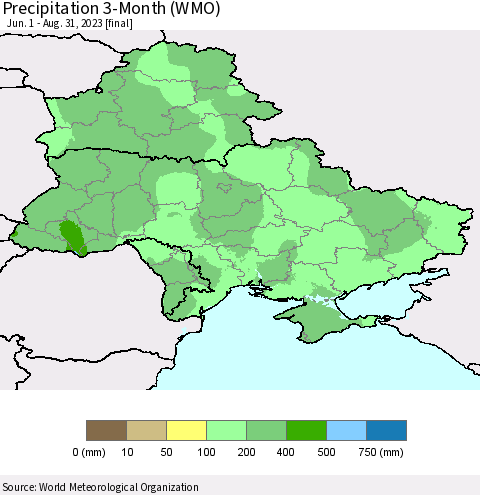 Ukraine, Moldova and Belarus Precipitation 3-Month (WMO) Thematic Map For 6/1/2023 - 8/31/2023