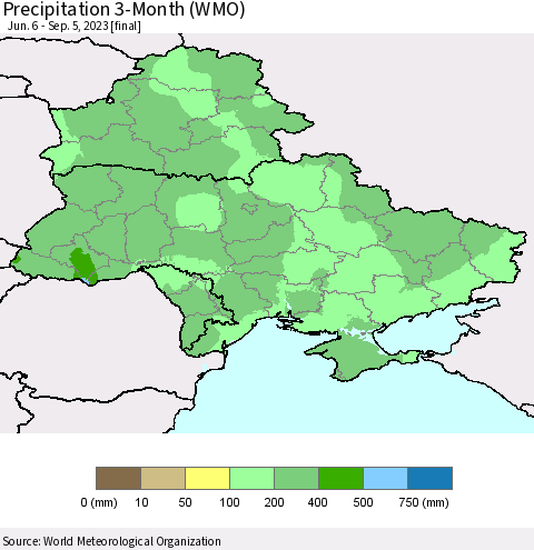Ukraine, Moldova and Belarus Precipitation 3-Month (WMO) Thematic Map For 6/6/2023 - 9/5/2023