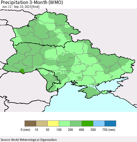 Ukraine, Moldova and Belarus Precipitation 3-Month (WMO) Thematic Map For 6/11/2023 - 9/10/2023