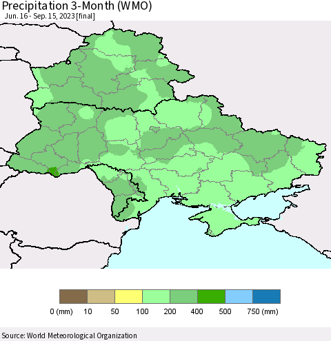 Ukraine, Moldova and Belarus Precipitation 3-Month (WMO) Thematic Map For 6/16/2023 - 9/15/2023