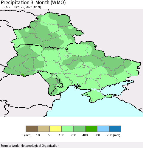 Ukraine, Moldova and Belarus Precipitation 3-Month (WMO) Thematic Map For 6/21/2023 - 9/20/2023