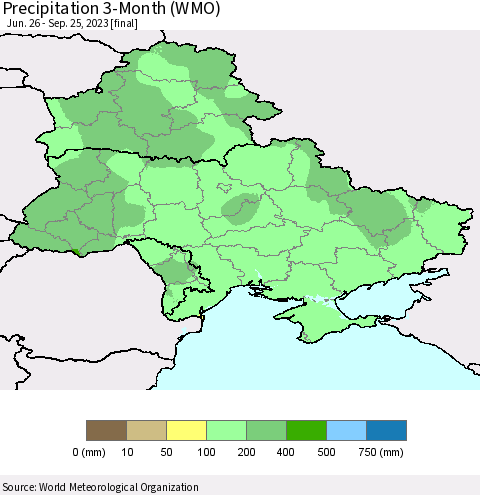 Ukraine, Moldova and Belarus Precipitation 3-Month (WMO) Thematic Map For 6/26/2023 - 9/25/2023
