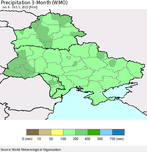 Ukraine, Moldova and Belarus Precipitation 3-Month (WMO) Thematic Map For 7/6/2023 - 10/5/2023