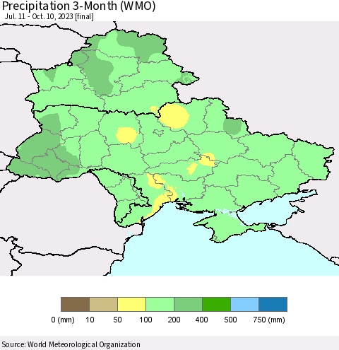 Ukraine, Moldova and Belarus Precipitation 3-Month (WMO) Thematic Map For 7/11/2023 - 10/10/2023