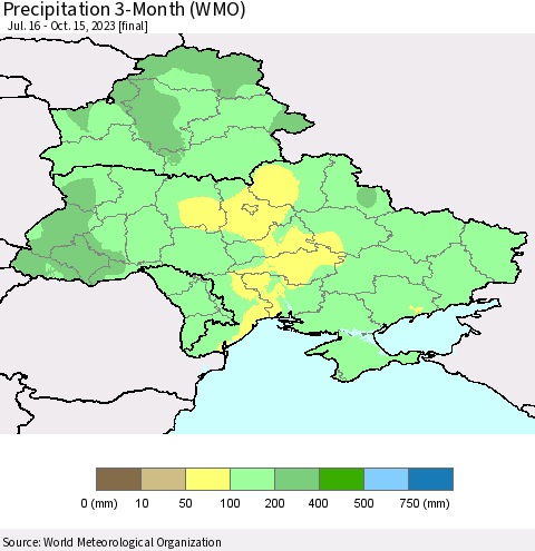 Ukraine, Moldova and Belarus Precipitation 3-Month (WMO) Thematic Map For 7/16/2023 - 10/15/2023