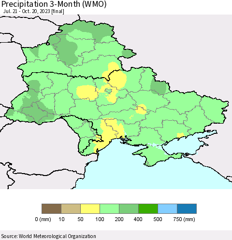 Ukraine, Moldova and Belarus Precipitation 3-Month (WMO) Thematic Map For 7/21/2023 - 10/20/2023