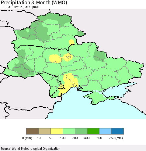 Ukraine, Moldova and Belarus Precipitation 3-Month (WMO) Thematic Map For 7/26/2023 - 10/25/2023