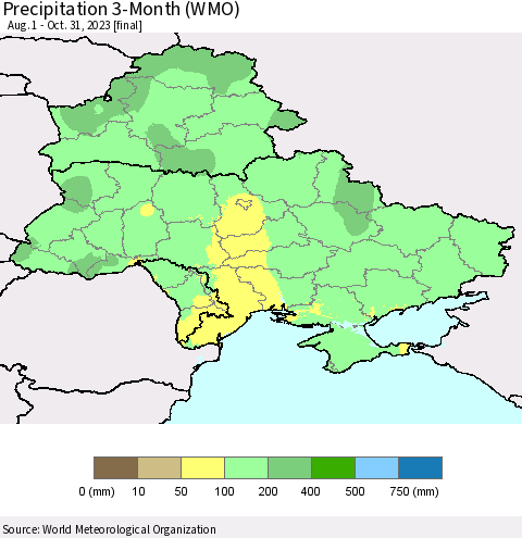 Ukraine, Moldova and Belarus Precipitation 3-Month (WMO) Thematic Map For 8/1/2023 - 10/31/2023