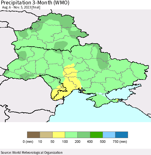 Ukraine, Moldova and Belarus Precipitation 3-Month (WMO) Thematic Map For 8/6/2023 - 11/5/2023