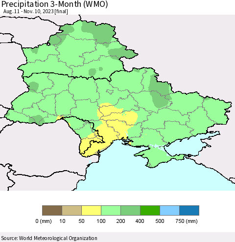 Ukraine, Moldova and Belarus Precipitation 3-Month (WMO) Thematic Map For 8/11/2023 - 11/10/2023