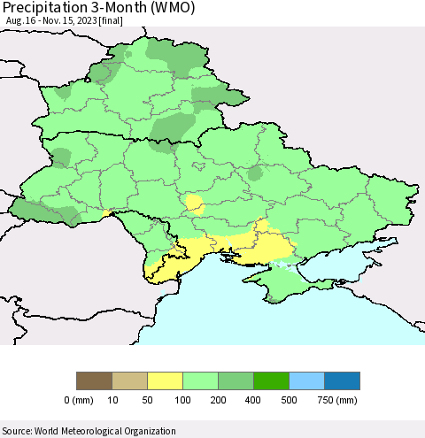 Ukraine, Moldova and Belarus Precipitation 3-Month (WMO) Thematic Map For 8/16/2023 - 11/15/2023